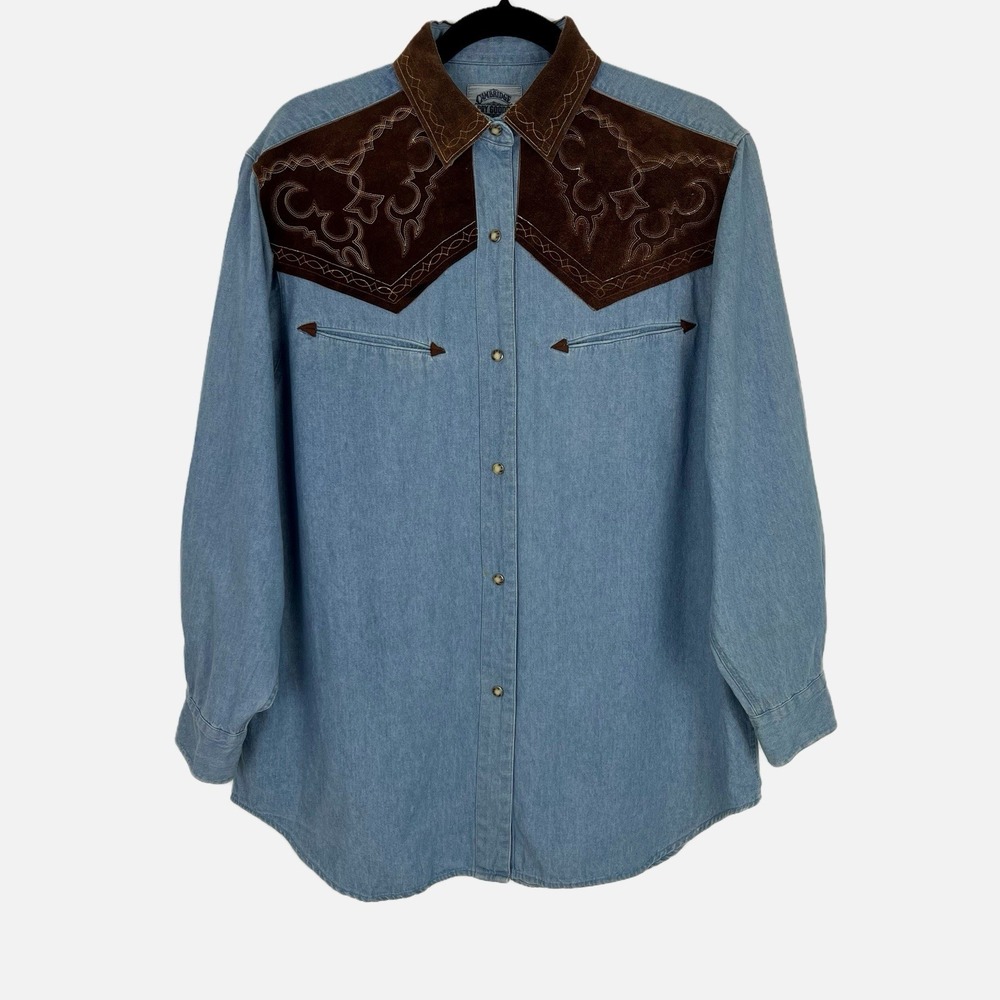 VTG Western Denim Shirt Women's 10 Suede Yoke Embroidered Snap Cowboy Ranchwear - Picture 2 of 14
